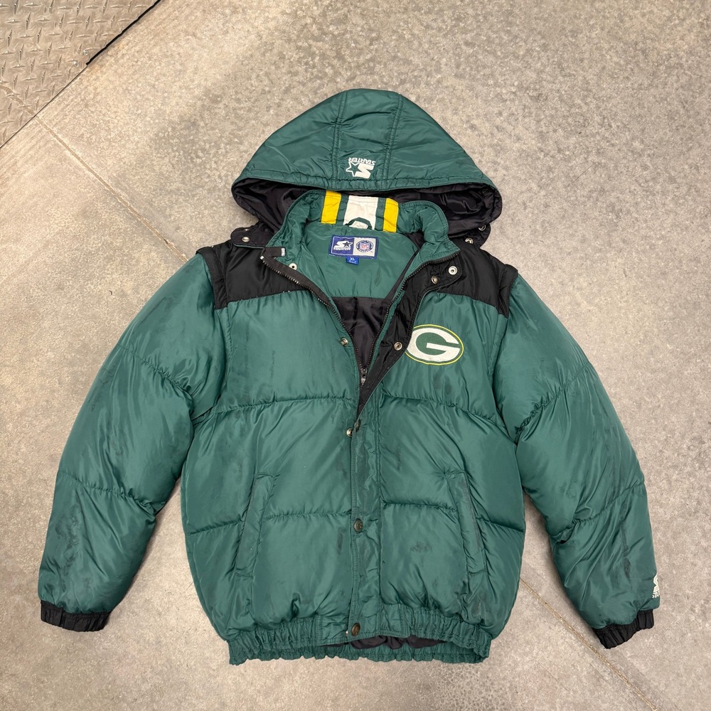 Vintage Starter Green Bay Packers NFL Puffer Jacket Green Black Mens XL Hooded